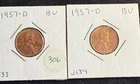 Lot of (2) 1957 D Lincoln Wheat Cent Pennies 1c ESTATE Coin Red BU J133