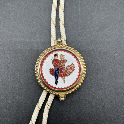 Beautiful Vintage Gold & Silvertone Dance Bolo whte/gold Tie W/Two dancers 