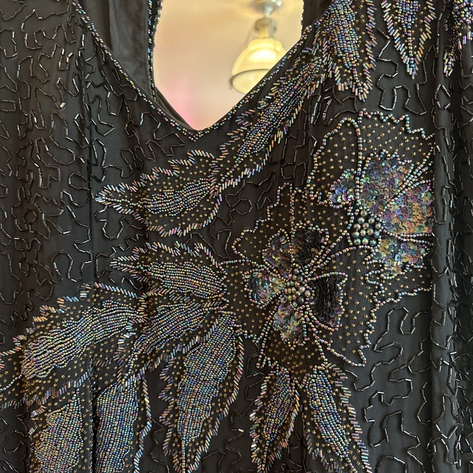 Black Vintage Ankle Length 100% Silk Multi Color Beaded Gown - Image 3 of 4