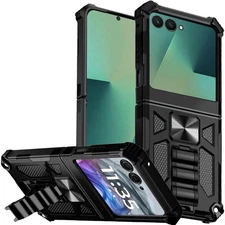 For Samsung Z Flip7 Case Shockproof Modern w/ Stand Metal Plate + Tempered Glass