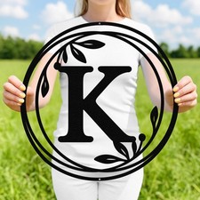 Metal Monogram Wreath Sign, Circle Monogram Letter Sign with Leaves, Custom Wall