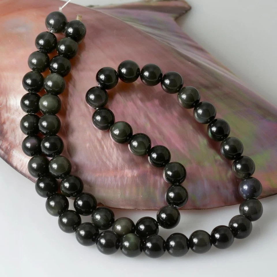 Black Rainbow Obsidian 8 mm Beads 15” Strand Smooth Round Gemstone Beads - Image 4 of 4