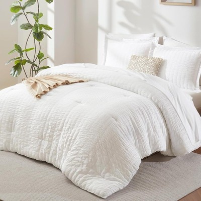 Oversized King Comforter Set with Sheets, 7 Pieces 120''x98'' White Seersucker Bed