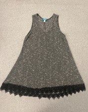 Buttons Herringbone Knit Mini Dress Women's Medium Black Lace Hem USA Made Mod