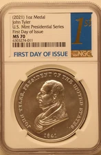 Silver 1 oz MS70 NGC First Day of Issue .999 Fine Silver US Mint John Tyler 2021