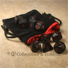 NEW 10 BLACK w RED Numbers D&D RPG Game Dice Set & Black Velvet Bag Satin Lining