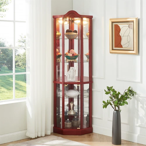 Lighted Curio Cabinet Corner Display Cabinet w/ Adjustable Glass Shelves - Picture 30 of 40