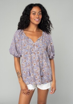 Lovestitch Women's Floral Tassel-Tie Neck Puff Sleeve Peasant Top