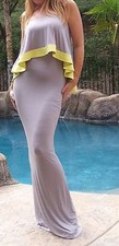 Maya Antonia-TALL-PLUS SIZE-Sexy Strapless Ruffle Maxi Dress Greyw/Yellow trim
