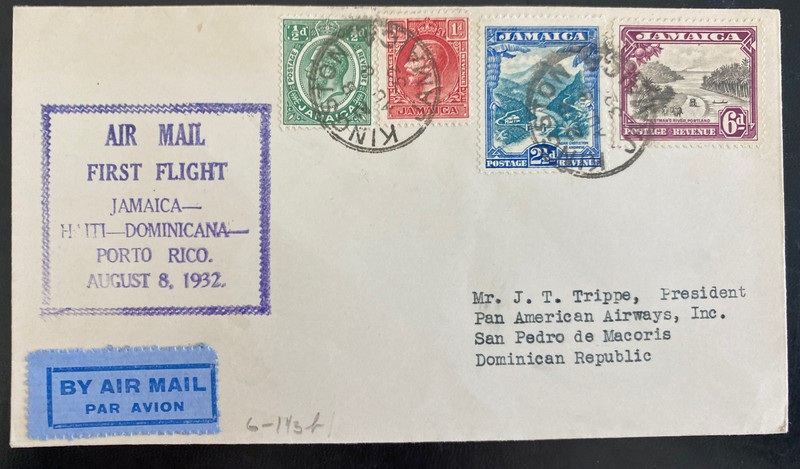 1932 Kingston Jamaica First Flight Airmail Cover FFC To Dominican Republic