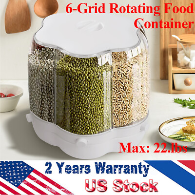 Rotating Food Dispenser Rice Grains Container 6-Grid Flour Storage Bucket w/lid