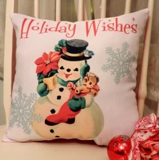Retro Kitsch "Holiday Wishes" Snowman Christmas Pillow, Nostalgic Holiday Decor