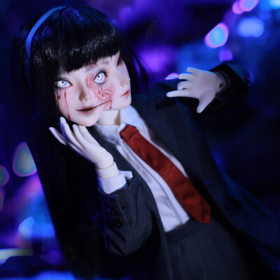 1/4 BJD Doll Full Set Resin Half Grimace Girl Eyes 2 Makeup Uniform Dress Wig 