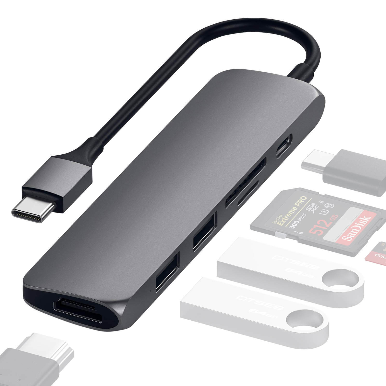 USB-C to HDMI Hub, 2x USB, USB-C 60W, Card-reader Satechi Grey