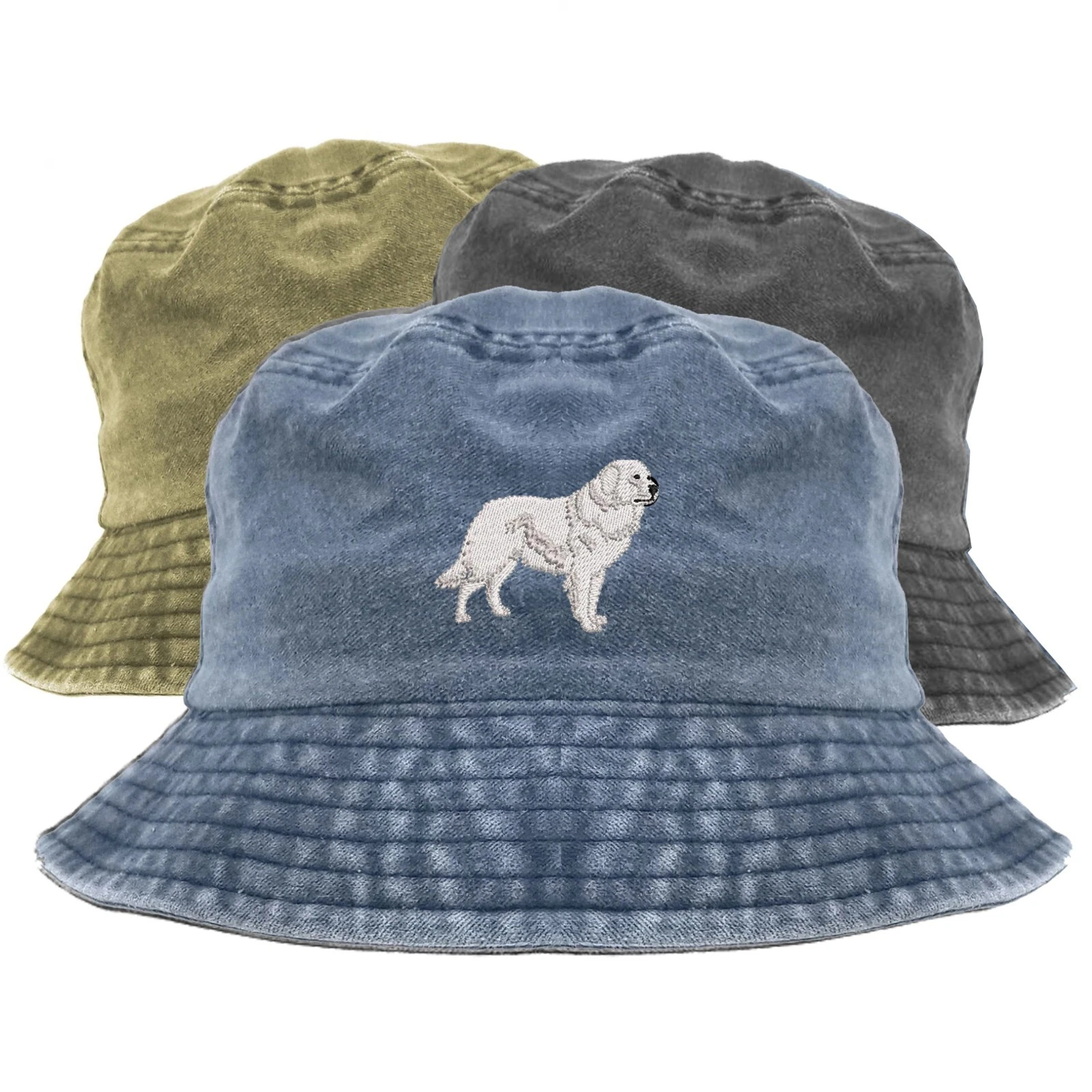 Great Pyrenees dog face embroidered bucket hat, pigment dyed bucket hat