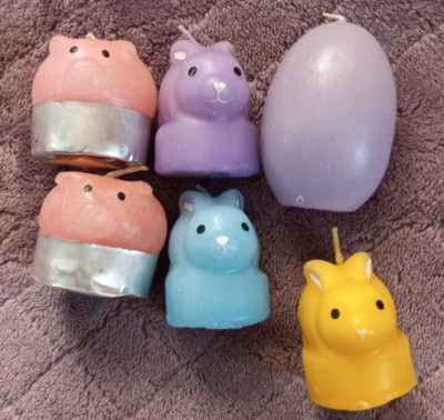 Lot Of 6 Easter Bunny Rabbit Pig Egg Pastel Pink Blue Purple Yellow Candles
