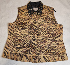 Tanjay Womens Vest Jacket Size 16 Khaki Leopard Print Button-up Beaded Nwot
