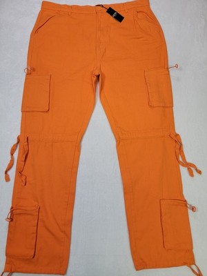 boohooMAN Cargo Trouser Pants Size 40 Orange Multi Pocket Utility Retro Twill
