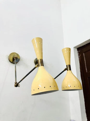 Mid Century Italian Brass Wall Sconce Pair: Adjustable Stilnovo Lighting