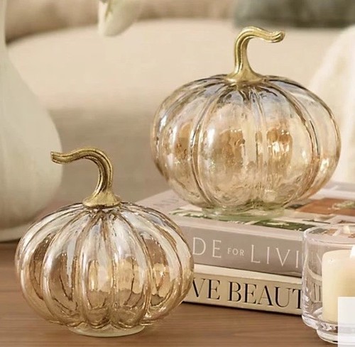 grandin road Vintage Style Metallic Glass Gold Metal Stem Pumpkins Set Of 2