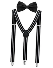  Suspender and Bow Tie Set 80s Clip on Suspenders for Men Black With Stripe