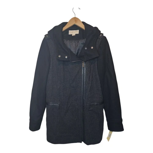 Cappotto donna Michael Kors Glen lana a quadri 10 tasche con cappuccio nuovo con etichette $360 grigio nero