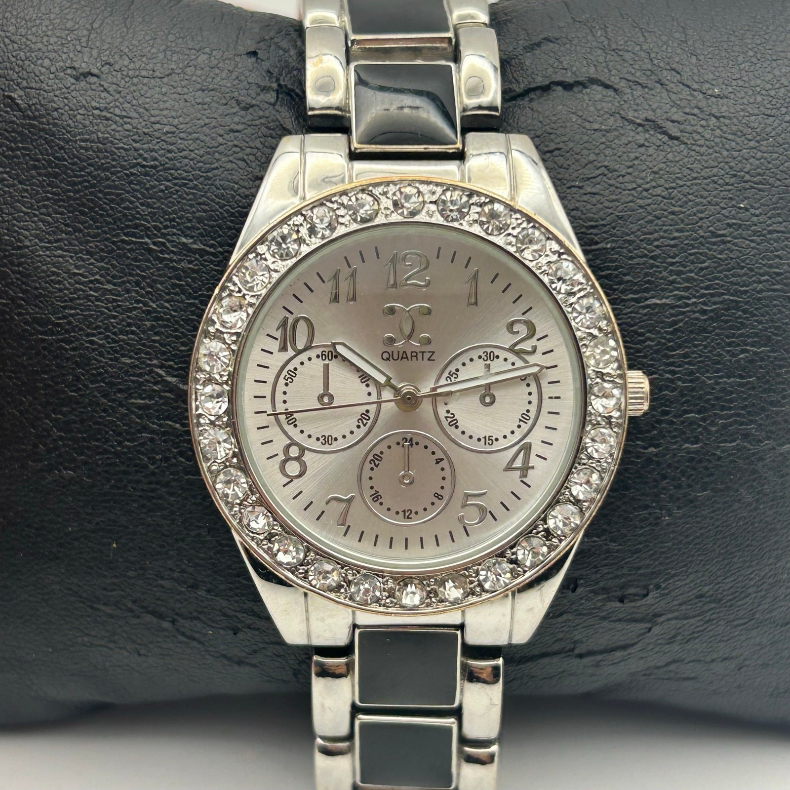 Charming Charlie Silver and Black Crystal Bezel Watch Working New Battery image 2
