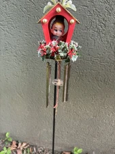 Vintage Christmas Elf Pixie Wind Chime w/ Harp & Plastic Holly Mistletoe READ