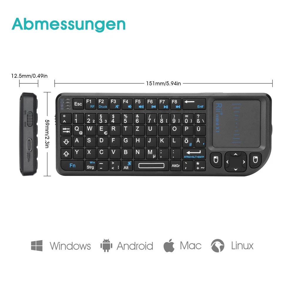 X1 Mini Tastatur Wireless, Kabellos Tastatur mit Touchpad, Mini Keyboard für ... - Bild 3 von 4