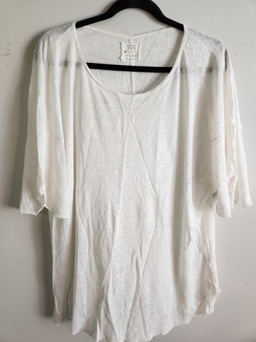 Brochu Walker Damen Leinen Rundhals Kurzarm Shirt weiß Größe L locker