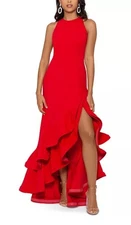 Betsy & Adam Women's Red Ruffled High-Low Gown Dress Petite Size 10P