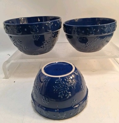 Vtg WCL Hand Painted Blue Snowman Snowflake Nesting Christmas Mixing Bowls Read