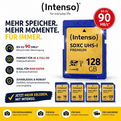 Intenso SDXC Speicherkarte 128GB UHS-I Class10 90MB/s für 4K DSLR Kamera Profi