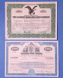 Two Vintage Stock Certificates- Consumer Power Co. & Eastern Malleable Iron Co.