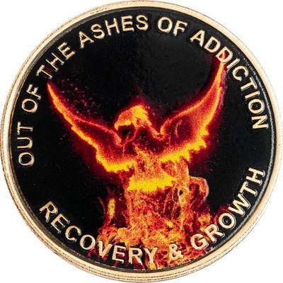 Out of The Ashes of Addiction Color Phoenix Rising from Flames Sobriety Medal...
