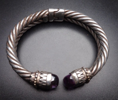 Vintage Burdick Sterling 925  & 14K Gold Amethyst Hinge Cuff Bracelet Italy 7''