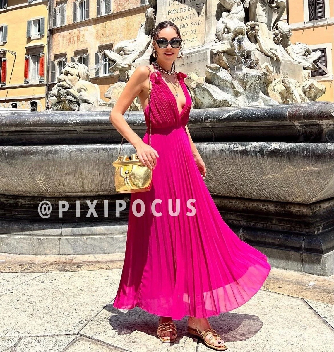 ZARA NEW PLEATED SLIP DRESS STRAPPY BACK FUCHSIA PINK SIZES S M