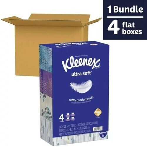 Kleenex Ultra Soft Facial Tissues, 3 ply 4 Flat Boxes (480 Total