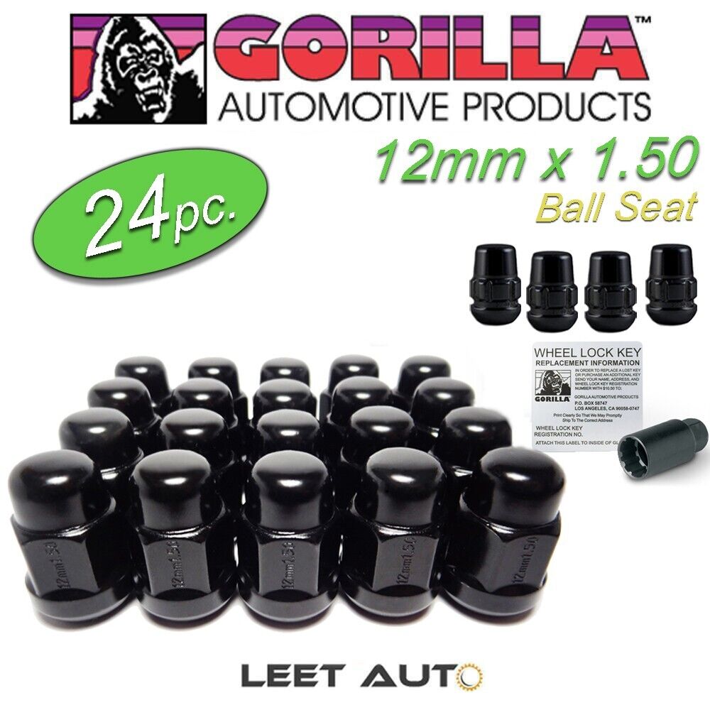 (24pc.) Gorilla Black Lug Nuts + Wheel Locks, Honda Acura Ball Seat, 12mm x 1.50