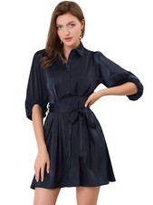 Allegra K Women's Elegant Half Sleeve Belted Button Shirt Dress