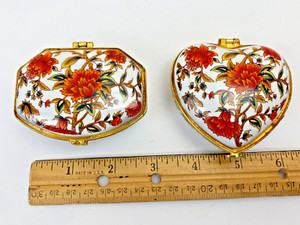 VTG Trinket Jewel Ceramic Box Mirror Orange Floral Heart Gold Trim Hinge Set 2