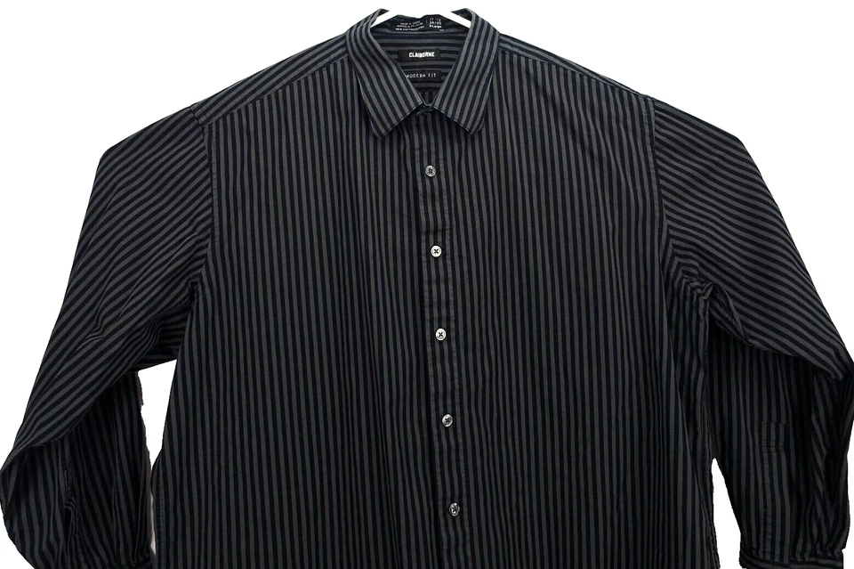 Camisa para hombre Claiborne talla 17,5 34-35 manga larga abotonada negra/gris a rayas Foto 3 de 4