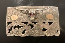 Vintage Sterling Silver Longhorn Ruby Eyes Belt Buckle Cowboy Mexico ALC