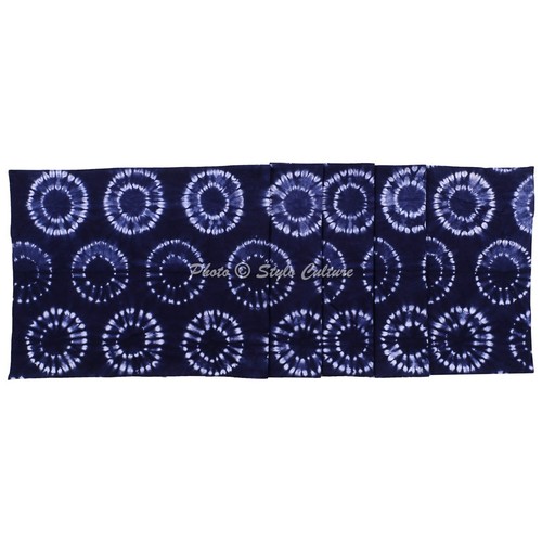 Ethnic Cotton Canvas Table Runner Shibori Blue Circles Long Tie Dye Tablecloth - Picture 4 of 8
