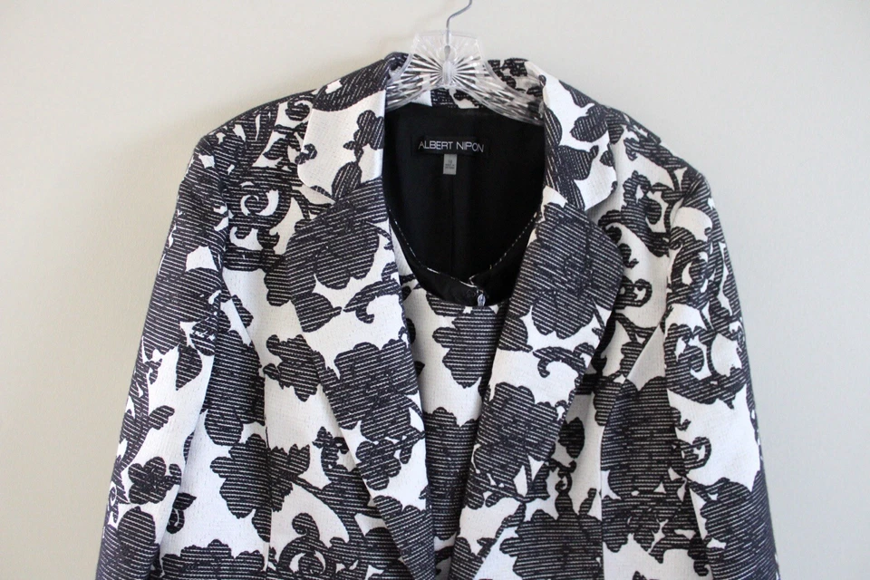 Vestido Albert Nipon Blanco y Negro Estampado Floral y Chaqueta Plumero Traje Talla 18 Foto 2 de 4