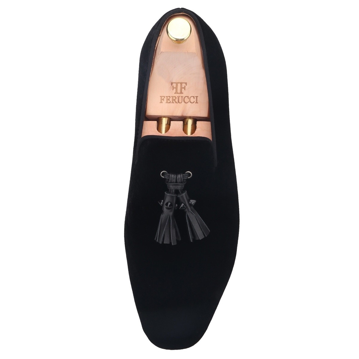 FERUCCI Men Black Velvet Slippers loafers with Suede Tassel‎ Size 14 FERUCCI Men Plain Black Velvet with Spiked Tassel Slippers  main image 2