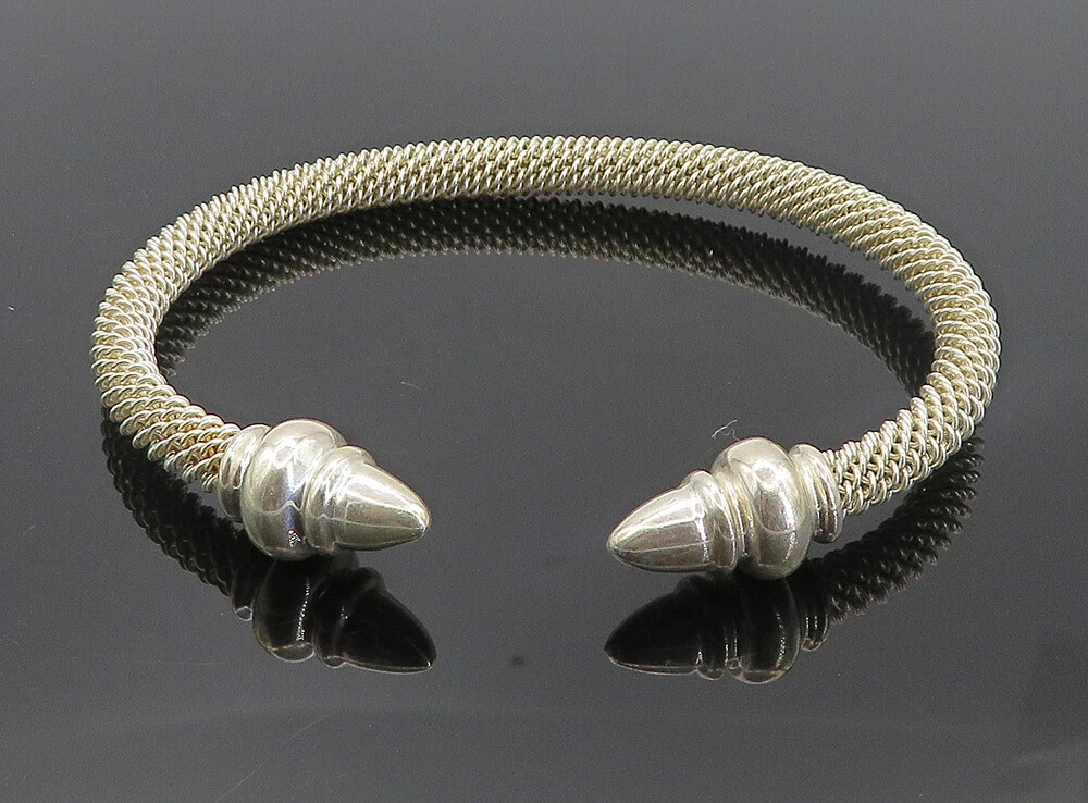925 Sterling Silver Vintage Shiny Pointed Ends Mesh Cuff Bracelet BT3440