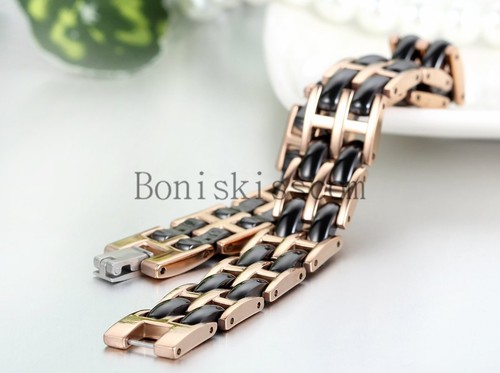 Men's Women's Rose Gold Tone Stainless Steel Chain Black Ceramic Link Bracelet - Picture 2 of 3