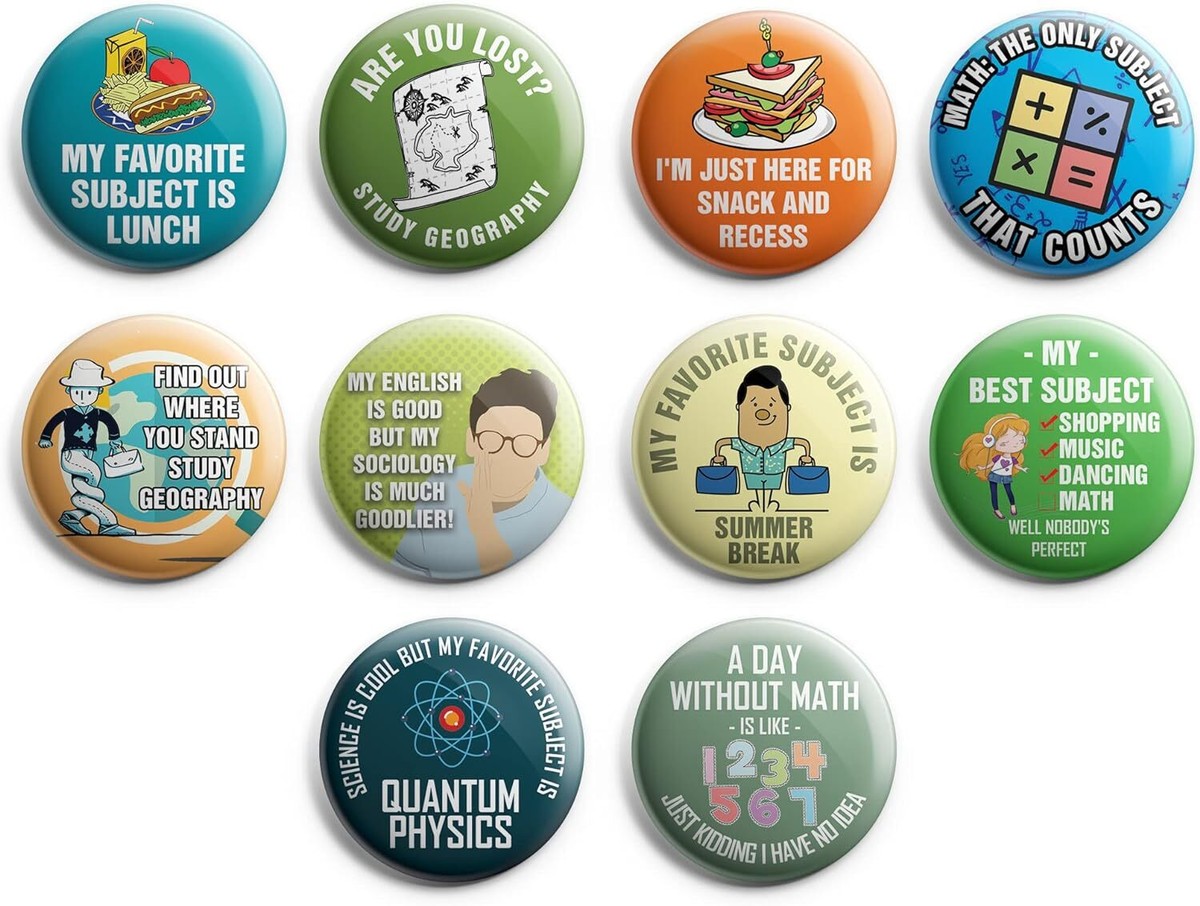 Funny School Subject Button Pins (1-Set X 10 Buttons)