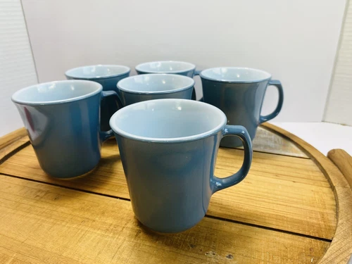 Vintage Pyrex Corning Milk Glass Coffee Mugs Slate Blue Gray Set/6 Cups 8oz.